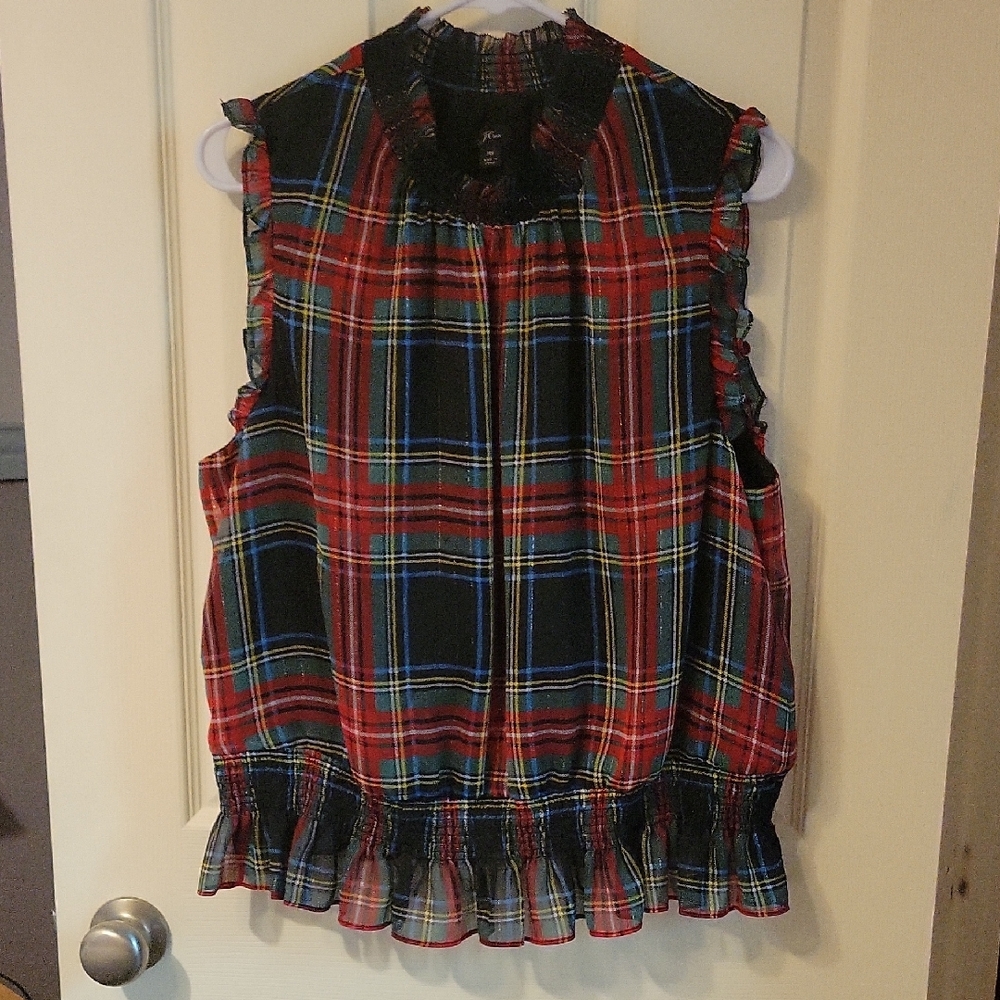 J. Crew Multicolor Plaid Top with Ruffle Neckline